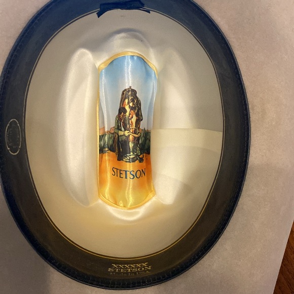 Vintage Stetson cowboy hat tan with feather on the side in original box - Picture 5 of 9